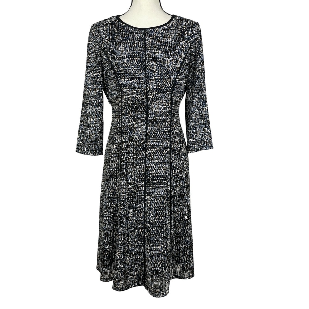 Adrianna Papell Women's Dress 8 Blue Black Textured 3/4 Sleeve A-Line Workwear